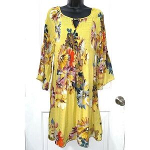 Spense 3/4 sleeve dress in yellow with a multicolored floral pattern